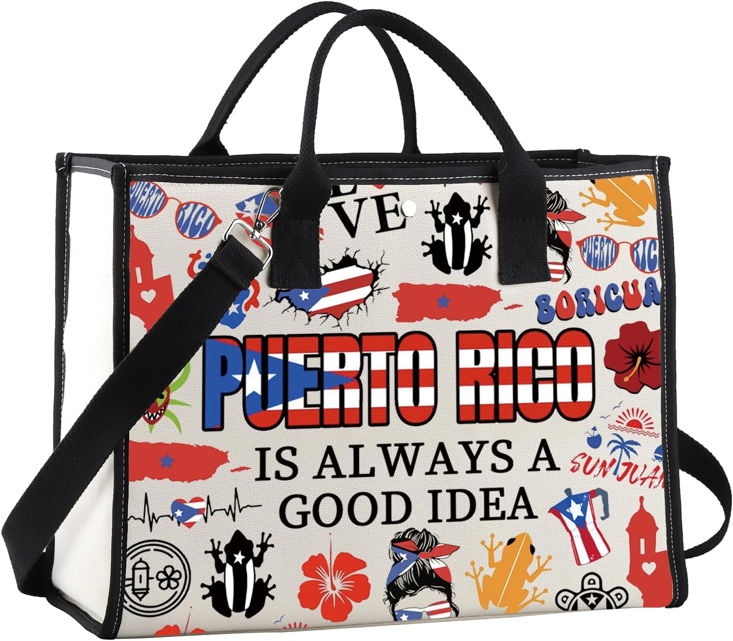 POFULL Boricua Gift Puerto Rican Gift Puerto Rico Flower Coqui Shopping Bag Puerto Rico Is Always A Good Idea Tote Bag