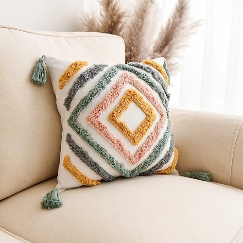 Miniatura 6 de Funda de almohada decorativa con patrón geométrico de estilo BOHO de diamantes copetudos, solo para funda de sofá