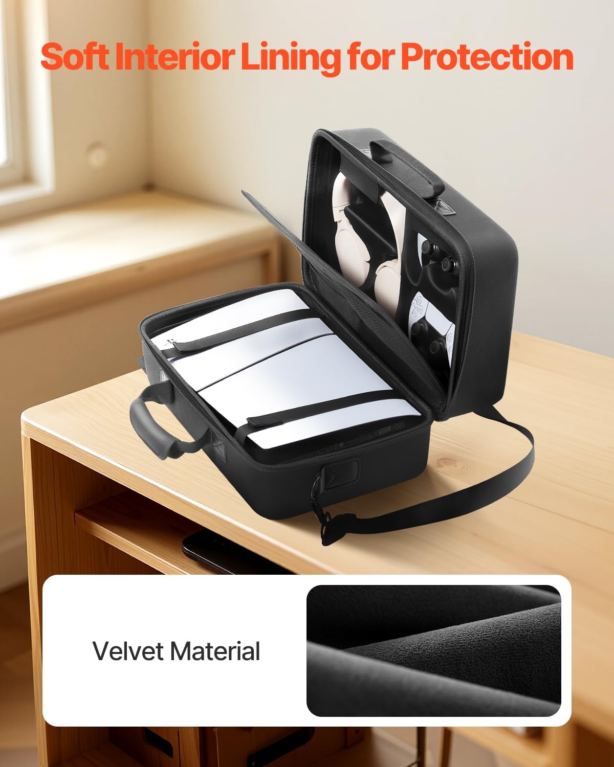 Interior of the VEVOR PS5 Carrying Case showing the soft fabric lining protecting the console and accessories.