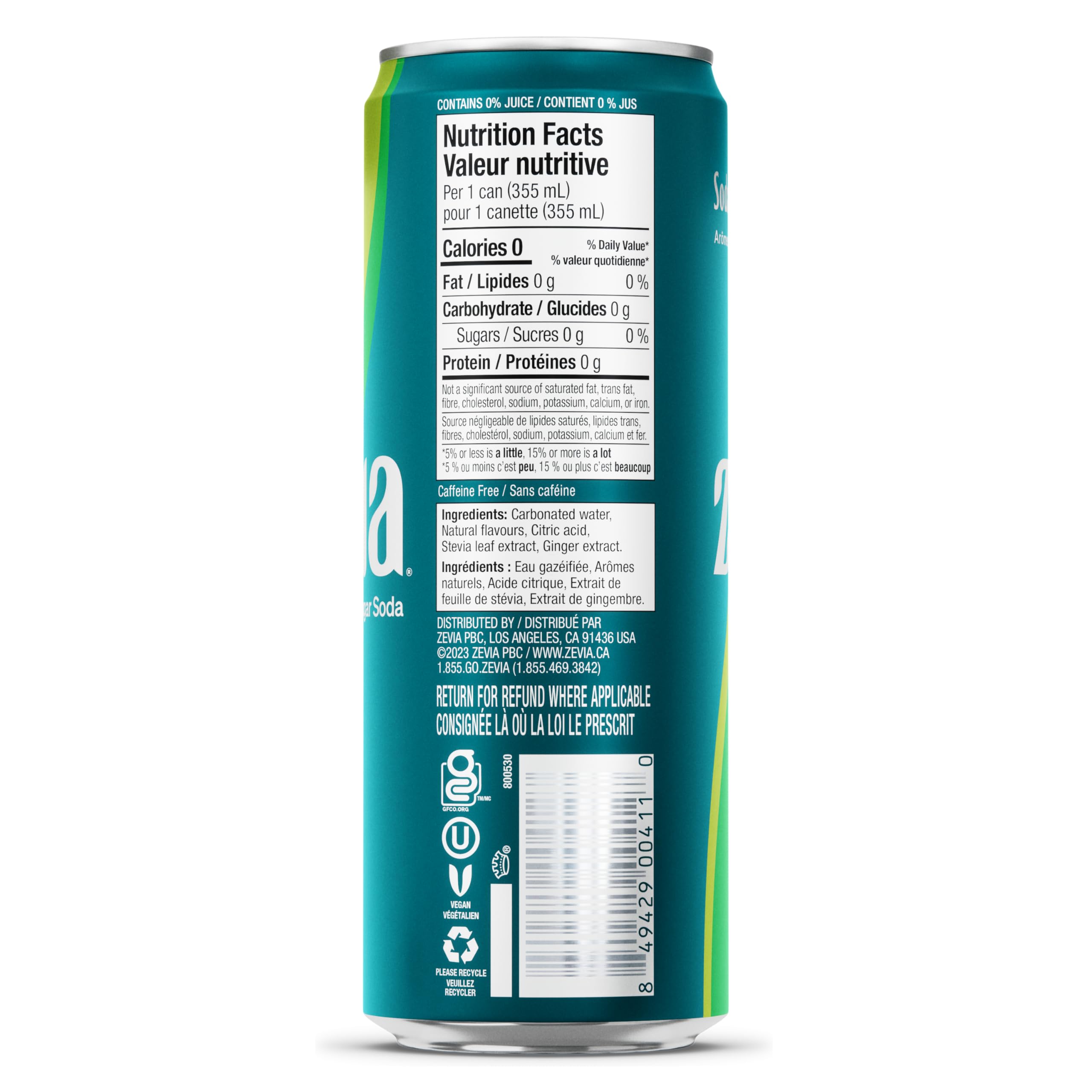 Zevia Zero Sugar, Ginger Ale Soda, 355 mL Cans (Pack of 12