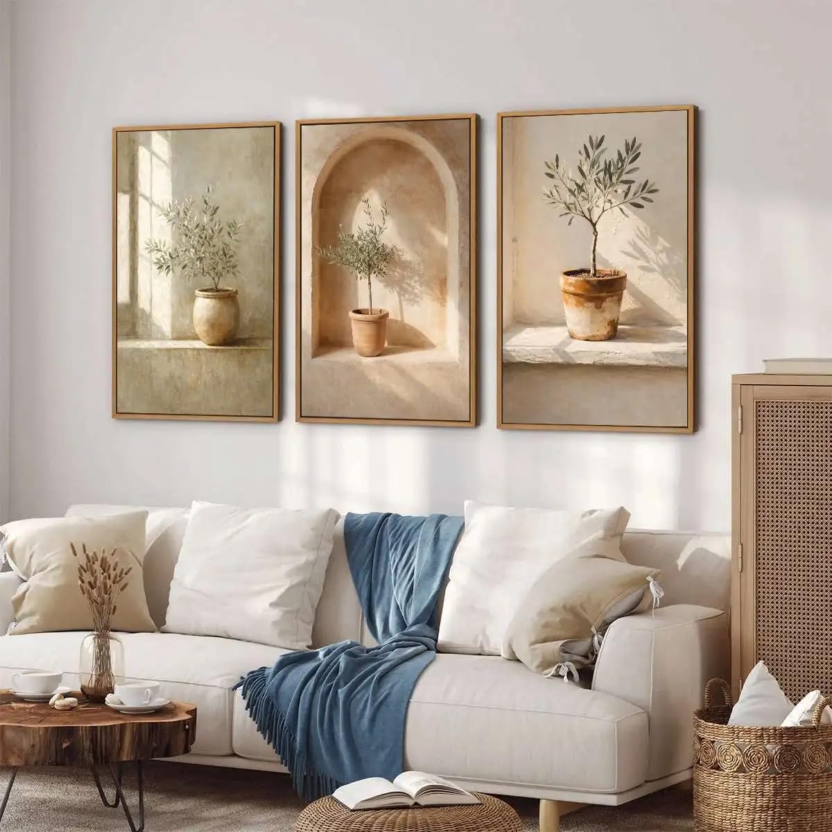 Dittelle Quadro su tela in stile boho con stampa di piante, poster con piante in vaso illuminate dal sole, decorazione murale retrò (60x90 cm/3 pezzi senza cornice)