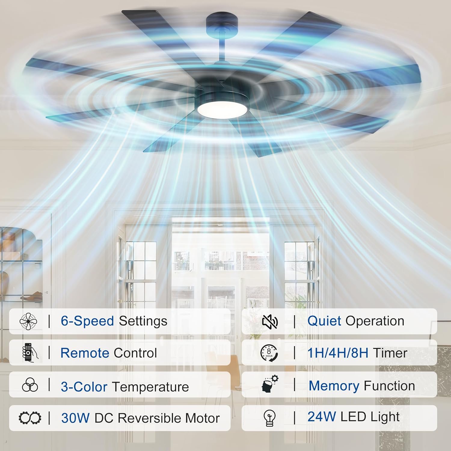 65 Inch Ceiling Fans with Lights and Remote, Large Ceiling Fan with 3CCT LED Light, 6 Speed Reversible Quiet DC Motor, Black Ceiling fan for Living Room, Patio, Library