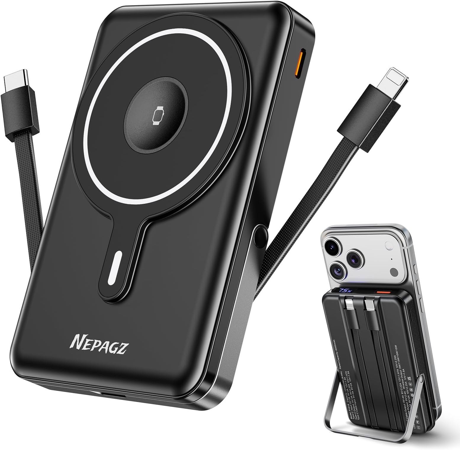 for Magsafe Battery Pack, 10000mAh Magnetic Power Bank with Foldable Stand, PD 22.5W Fast Charging with USB-C Cable, Wireless Portable Charger for iPhone 17/16/15/14/13/12 Series, Black