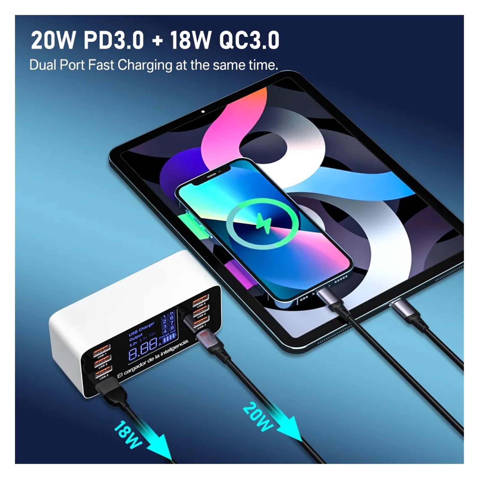 Caricatore USB, Adattatore for caricabatterie USB QC 3.0 4.0 a ricarica rapida da 60 W Caricatore rapido for tablet telefono USB C, supporta più ricariche rapide(40W QC3.0)