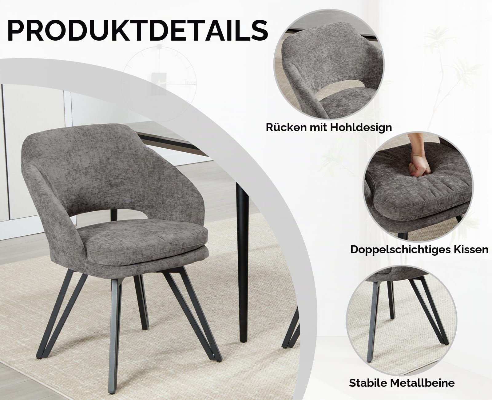 Ya-Home Esszimmerstühle drehbar 2er Set, Drehstuhl Esszimmer, Grau