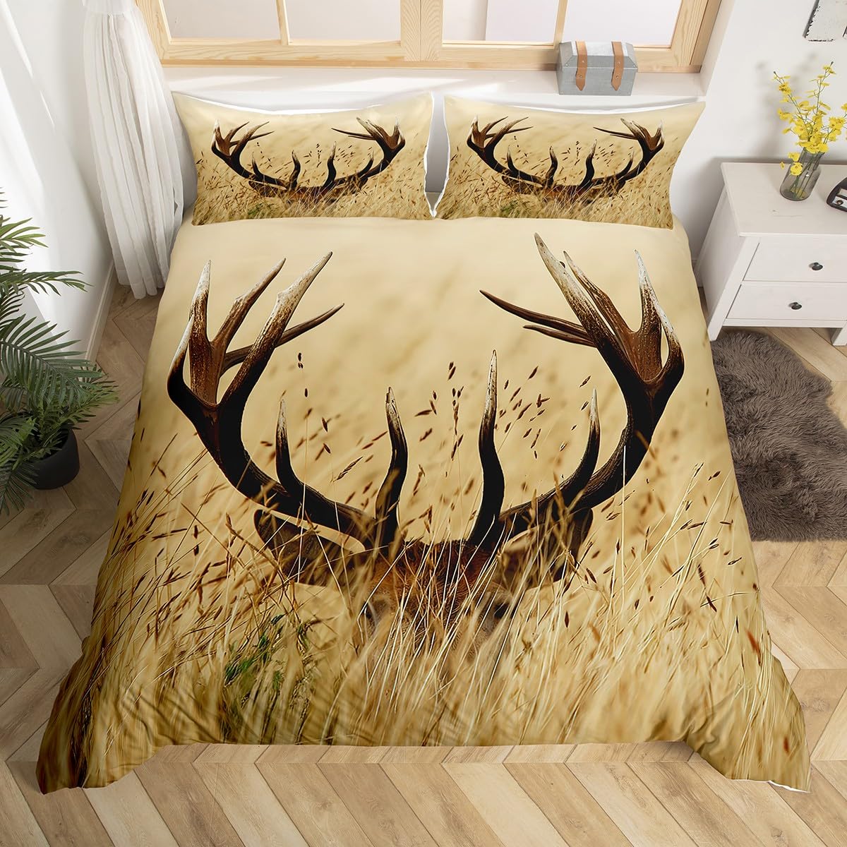 YELDAN Parure De Lit 160x200 Cm Motif Cerf Chasse - Housse De Couette + 2 Taies 65x65 - Microfibre Douce