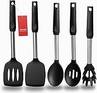 Vista 12 de Espátula de silicona y cuchara de cocina, paquete de 5 utensilios de cocina antiadherentes para la cocina, espátulas y cucharas sólidas y ranuradas