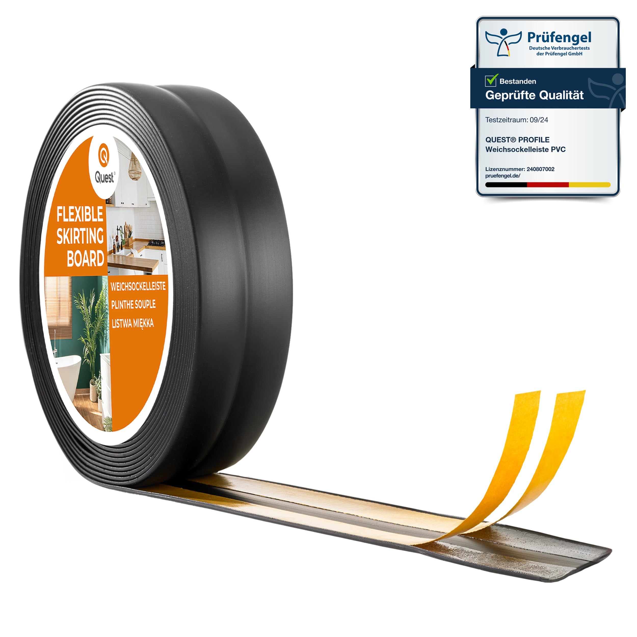 Quest listwa wykończeniowa PVC 40x40 mm samoprzylepna – czarna, 25 m | Miękka taśma dekoracyjna i cokół, maskuje styk ściany z podłogą, ochronna, do salonu, kuchni, łazienki oraz biura