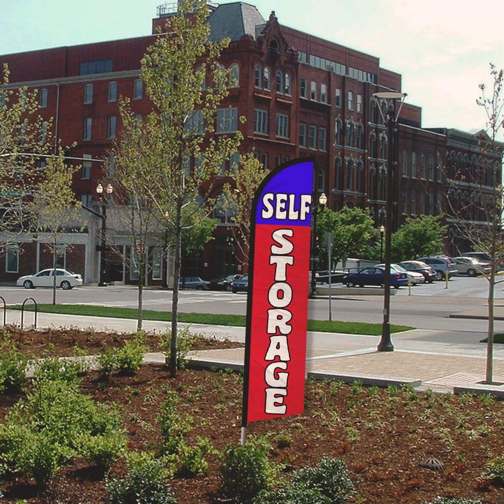 Self Storage (Red & Blue) Windless Banner Advertising Flag & Pole Kit - Perfect for Apartments, Condos, Real Estate, Self-Storage
