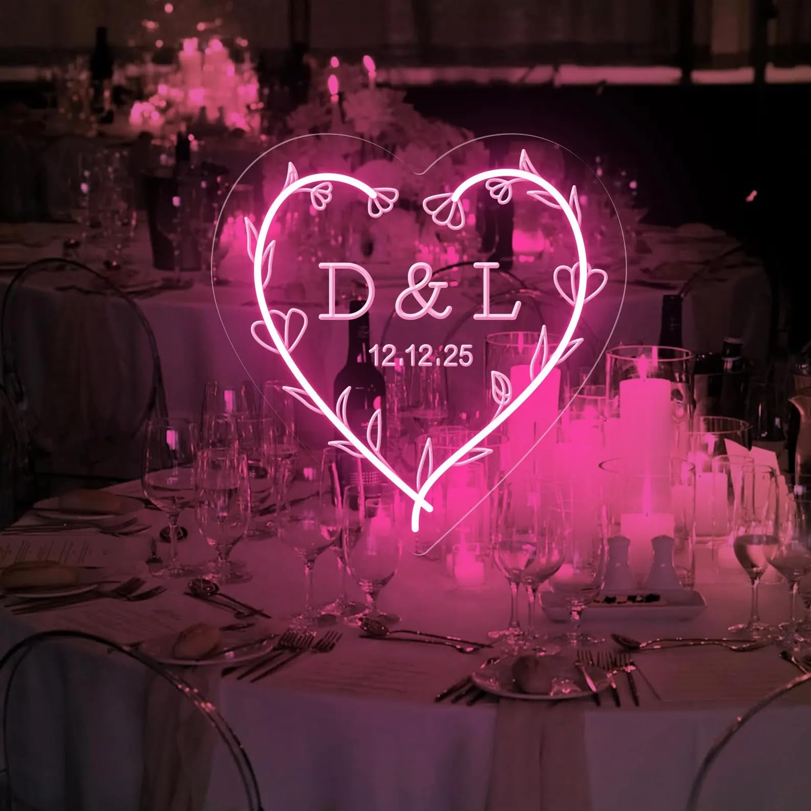 Personalised Wedding Neon Sign Custom Initials & Date Floral Heart Light Sign for Party, Ceremony Decoration Custom Wedding Engagement Backdrop Decor Personalizied Gift for Lovers
