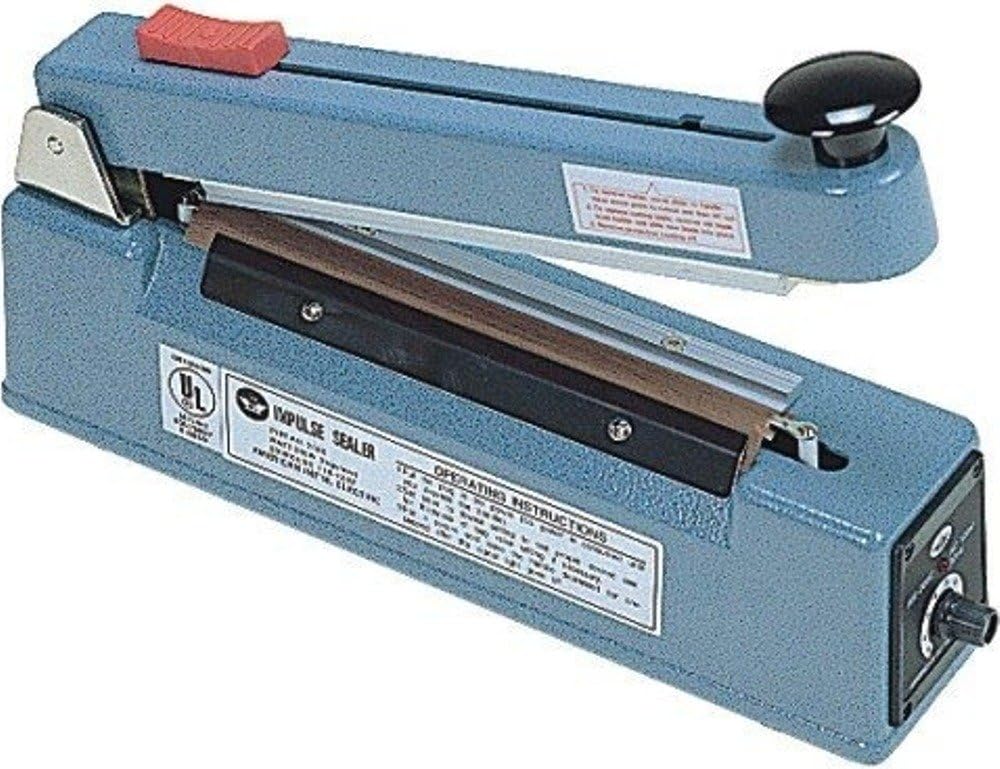 American International Electric AIE-205C 8" Hand Impulse Sealer With Cutter, Equipped with a Sliding Blade, 8 Inches Max. Seal Length, 8 Mil Max. Material Thickness, 5 mm Seal Width, 600 Watts