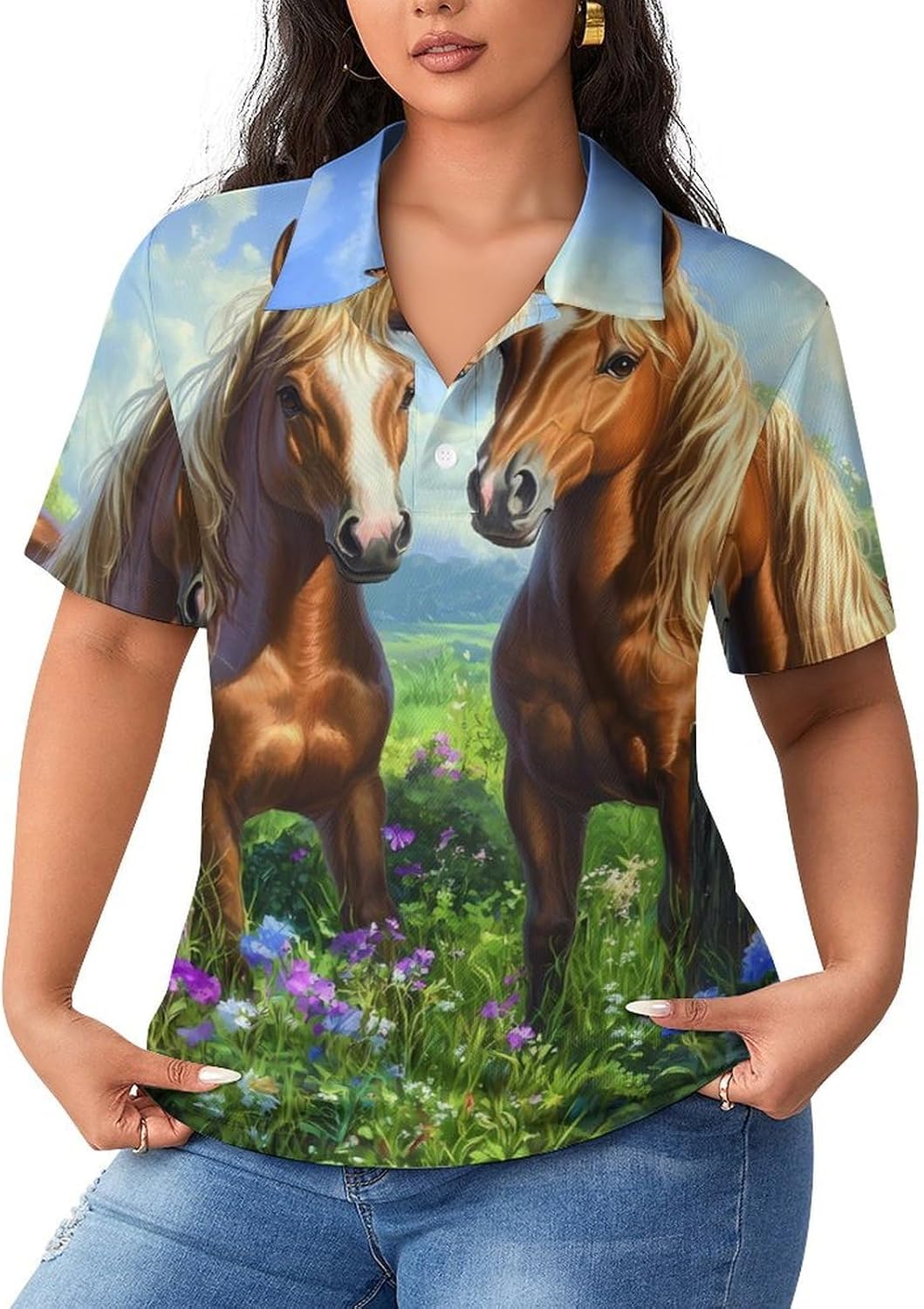 Horse (1) Womens Golf Polo Shirts Summer Short Sleeve Collared 3 Buttons T Shirt Activewear Tops