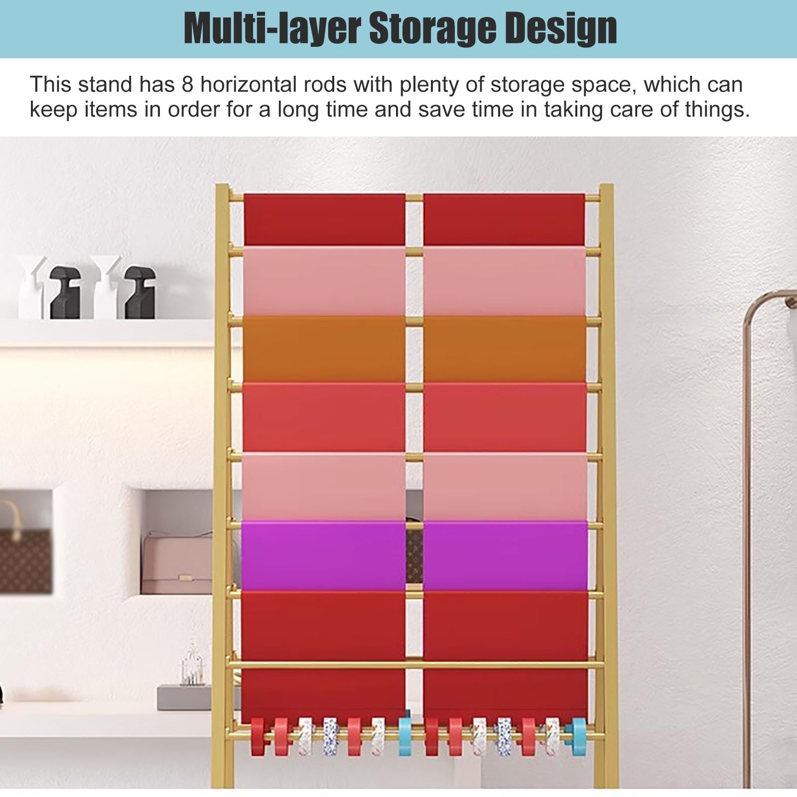 Scaffale organizer a doppio lato per carta da imballaggio, tessuto, nastri, espositore autoportante per artigianato, cellophane, rotoli di vinile