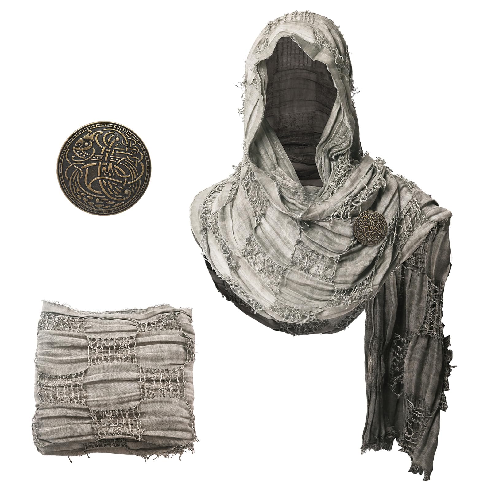 LLTTEER Medieval Scarf Cowl with Brooch, Vintage Viking Cowl Hooded Shawl, Renaissance Hood Cloak for Halloween Cosplay,Gray