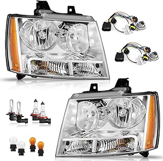 WEELMOTO Headlight for 2007-2013 Avalancha/Suburban 2500, 2008-2013 Tahoe Hybrid, 07-14 Tahoe 1500, 2012-2014 Tahoe SSV Headlamp Chrome Housing Clear Left+Right Side