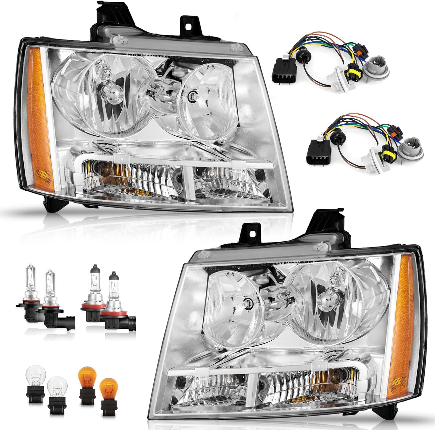 WEELMOTO Headlight for 2007-2013 Avalancha/Suburban 2500, 2008-2013 Tahoe Hybrid, 07-14 Tahoe 1500, 2012-2014 Tahoe SSV Headlamp Chrome Housing Clear Left+Right Side