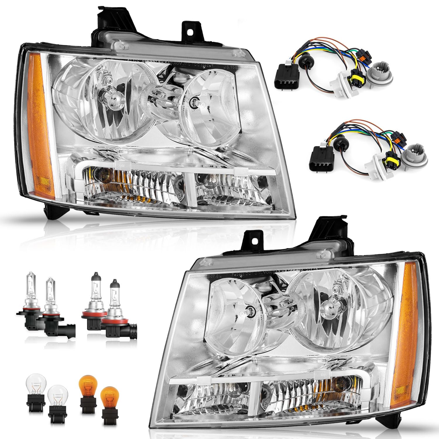WEELMOTO Headlight for 2007-2013 Avalancha/Suburban 2500, 2008-2013 Tahoe Hybrid, 07-14 Tahoe 1500, 2012-2014 Tahoe SSV Headlamp Chrome Housing Clear Left+Right Side