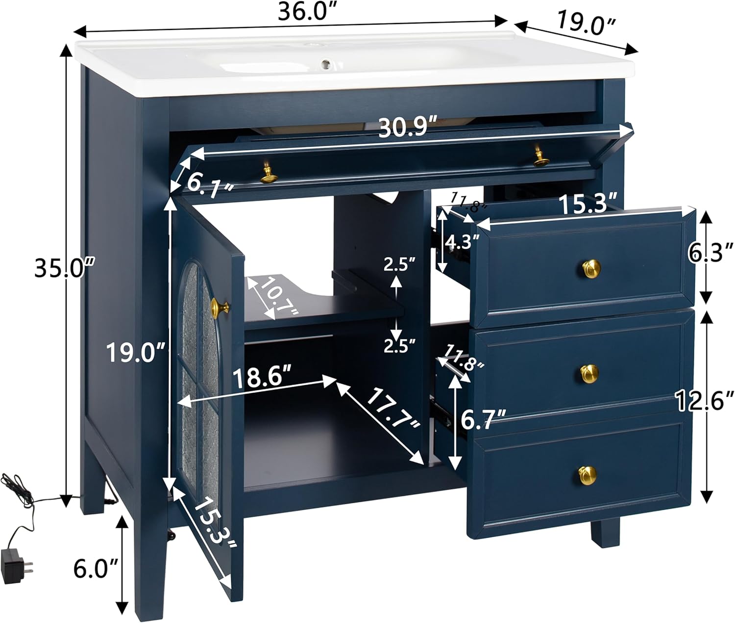 Linique 36" Bathroom Vanity with Sink Combo Set, Solid Wood Frame Bathroom Storage Cabinet with Motion-Sensor Light Strip, 2 Drawers and a Tip-Out Drawer, Soft Closing Cabinet Glass Door, Blue