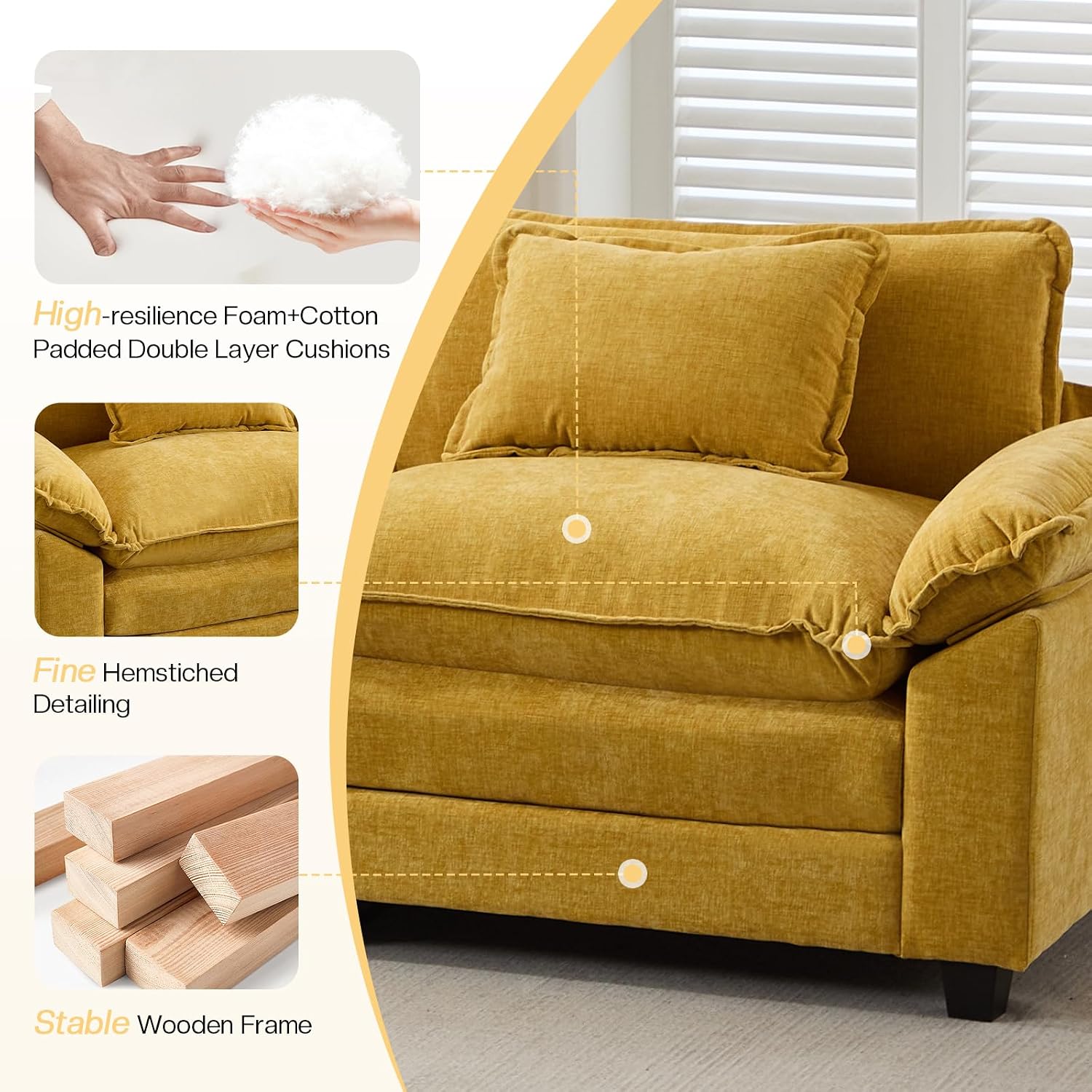 OQQOEE Modular Sectional Sofa L-Shaped Chenille Couch with Ottoman Yellow 3-Seat