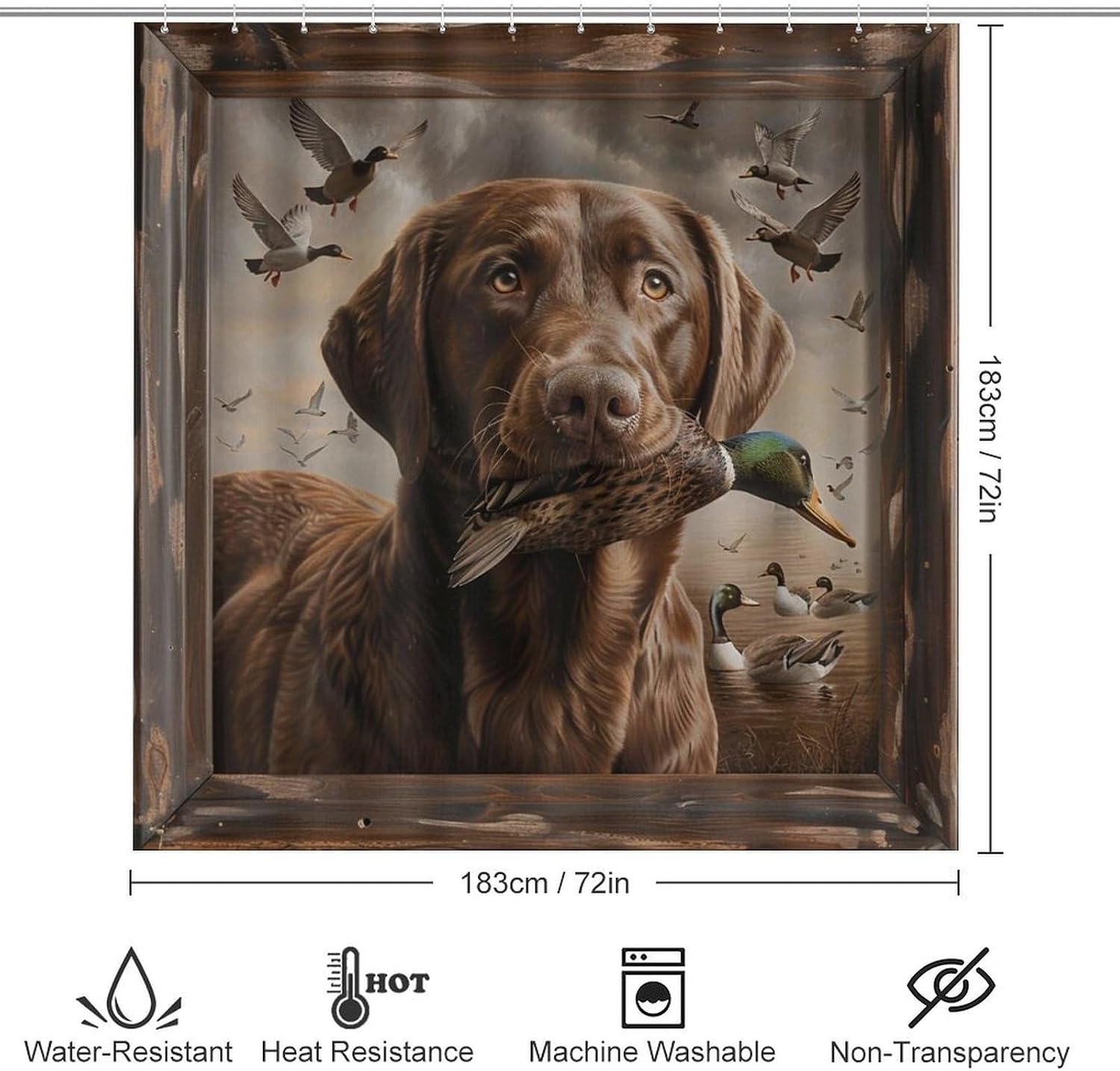 4pcs Chocolate Labrador Shower Curtain Set with Rugs, Toilet Lid Cover and Bath Mat, Mallard Duck Dog Nature Animal Bathroom Curtains Decor Shower Curtains, 72" X 72"
