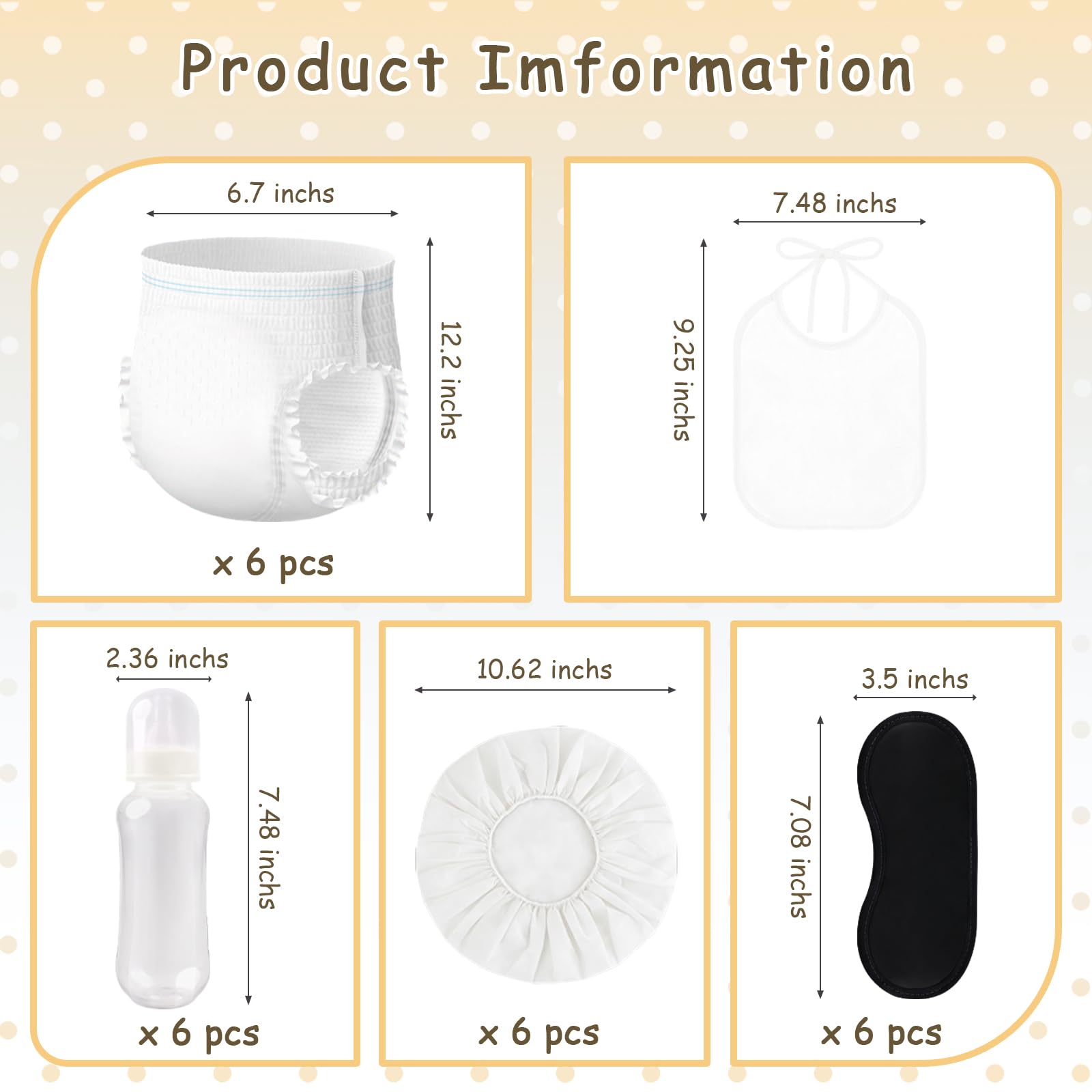 Juegos Para, set di 6 biberon in plastica, bavaglini per bambini, berretti, cappello, pannolini usa e getta, per rivelare il genere, per cambiare il pannolino, decorazione per giochi di gara (bianco)