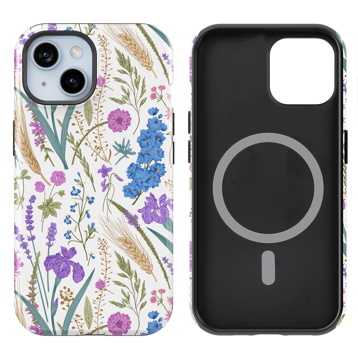 Coque rigide iPhone 15 / 14 protégeant des chutes avec silicone fin et fleurs MagSafe - 8