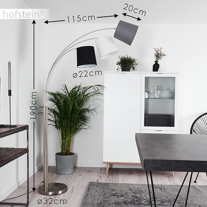 hofstein Vloerlamp Bernardino, moderne booglamp van metaal/stof in nikkelmat/grijs/zwart/wit, moderne vloerlamp met aan-/uitschakelaar op de behuizing, 3 vlammen, 3 x E27, zonder gloeilampen photo 3