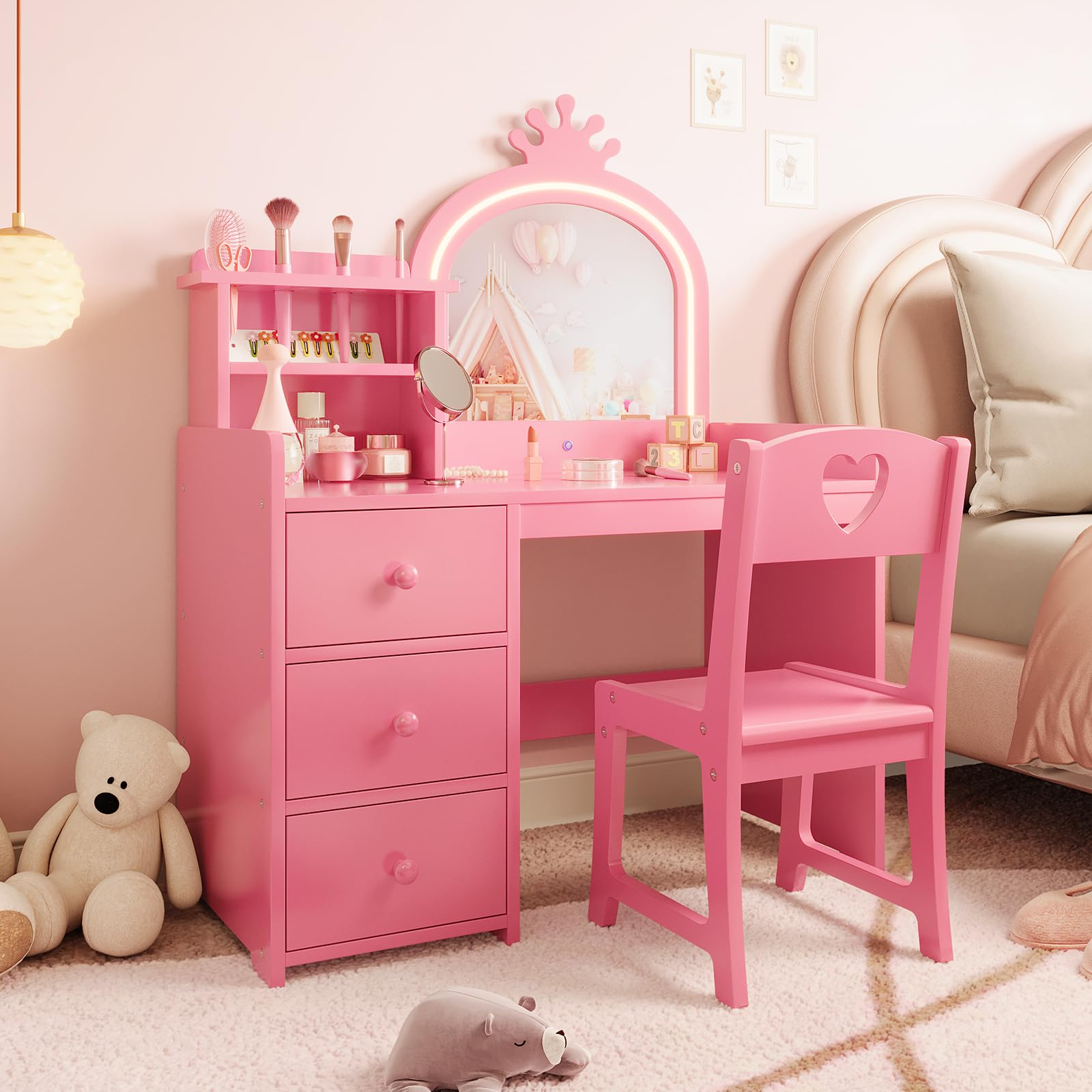 Garvee Kinder Schminktisch mit Stuhl & Spiegel, 3-Farben LED Beleuchtung & Touch-Sensor, Frisiertisch mit 3 Schubladen, 2-in-1 Schreibtisch, Kosmetiktisch Mädchen Krone Holz, Rosa