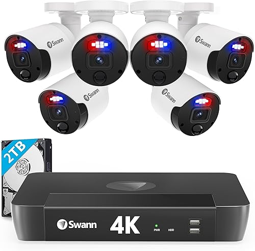 Swann Sistema de cámara de seguridad para el hogar con disco duro de 2 TB, cámara de 8 canales 6, POE Cat5e NVR 4K HD, video de vigilancia con cable