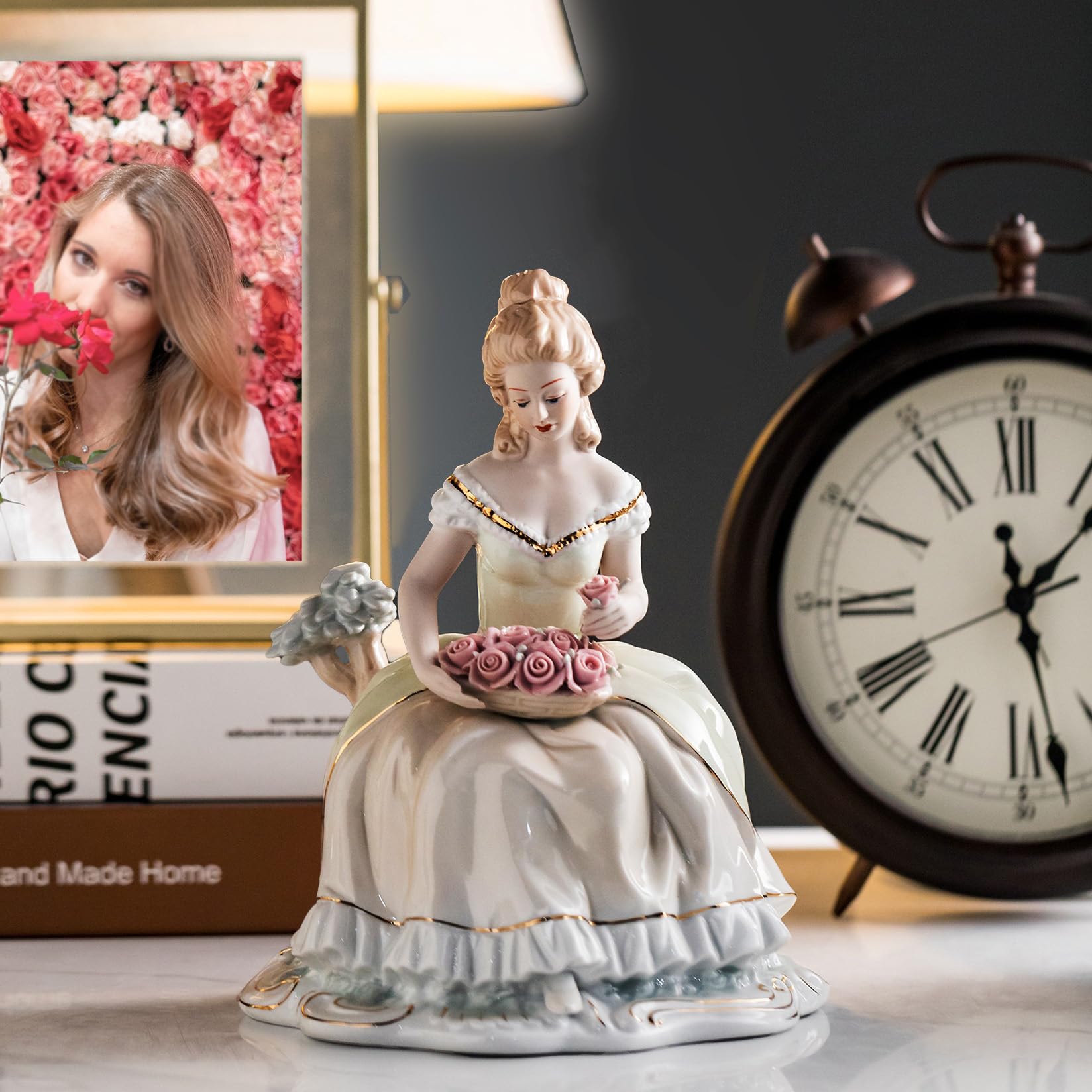 MTME Figura de porcelana, dama con flores, recuerdos, regalos de boda, estatua para decoración del hogar, (gracias querida)