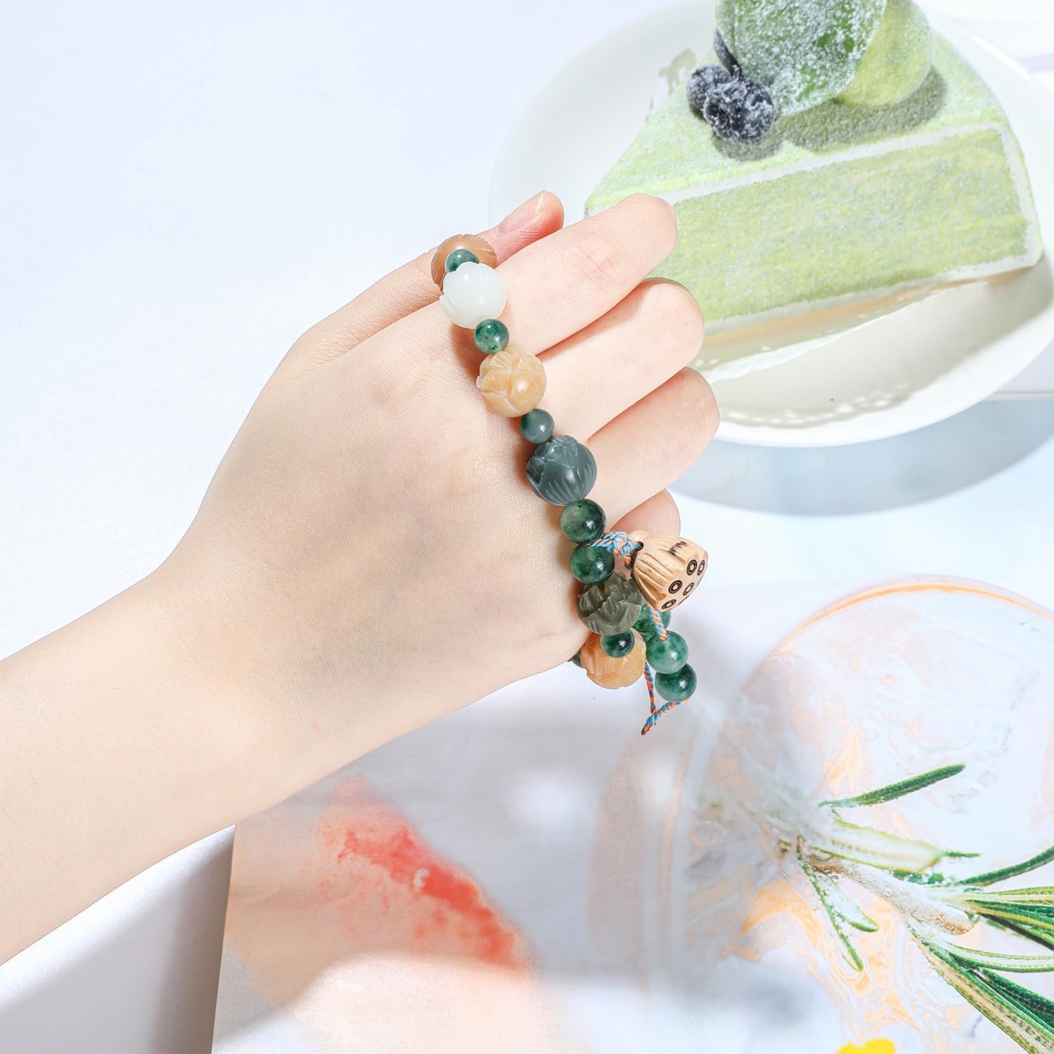 Lotus Bodhi Bracelet Green Sandalwood Bead Bracelet Handmade Gift for Meditation or Yoga - Image 4