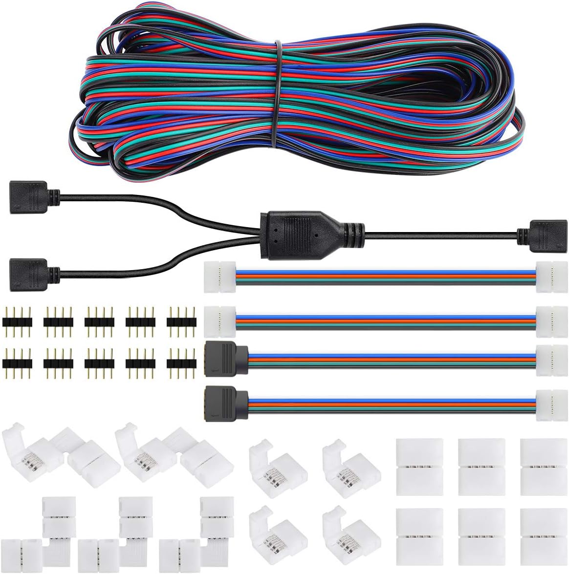 LED Strip Connector 4 Pin - SUPERNIGHT 3528 2835 RGB Rope Lights Connector Kit 8mm, Gapless Solderless Clip, 32.8ft Extension Wire Cable, L Shape PCB (for 8mm Width Strip)