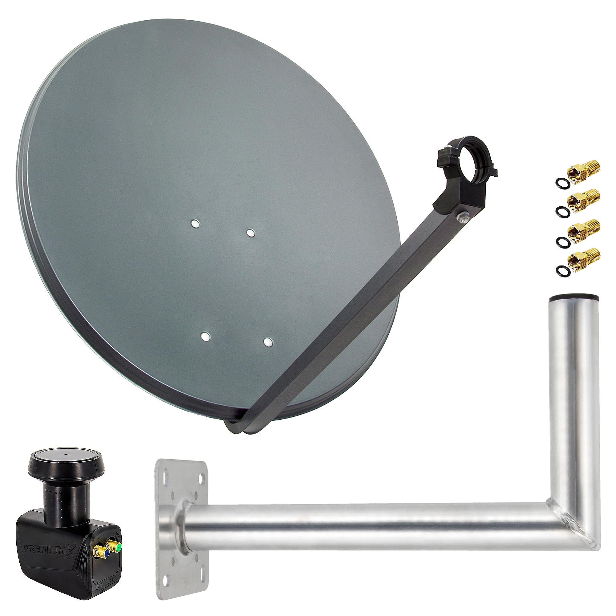 Satelliten-Komplettanlage 60cm Anthrazit Twin LNB Wandhalter 45cm ALU 4X F-Stecker