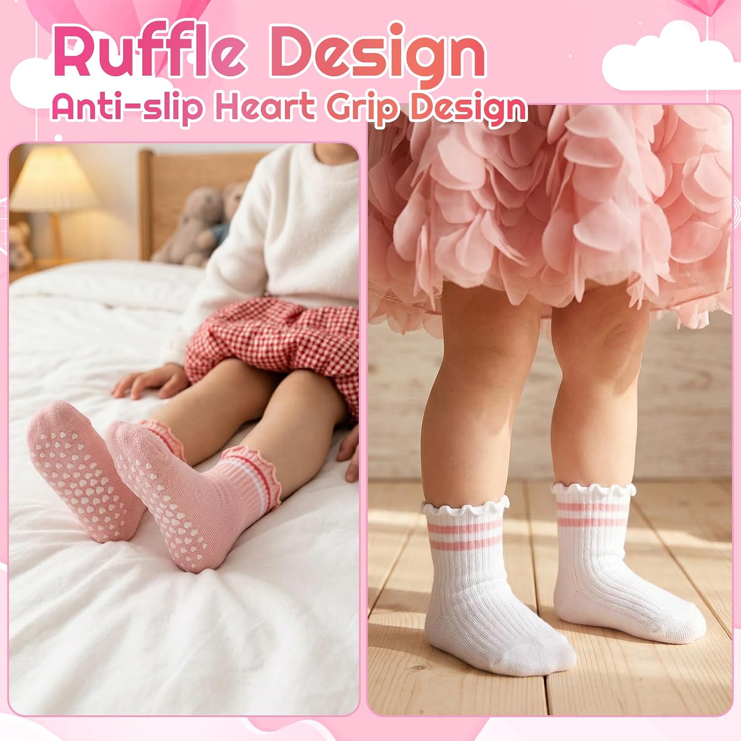 10 Pairs Non Slip Toddler Socks for Girls Cotton Crew Kids Ruffle Socks with Stripes Hearts Grip Floor Sock 3-5Y