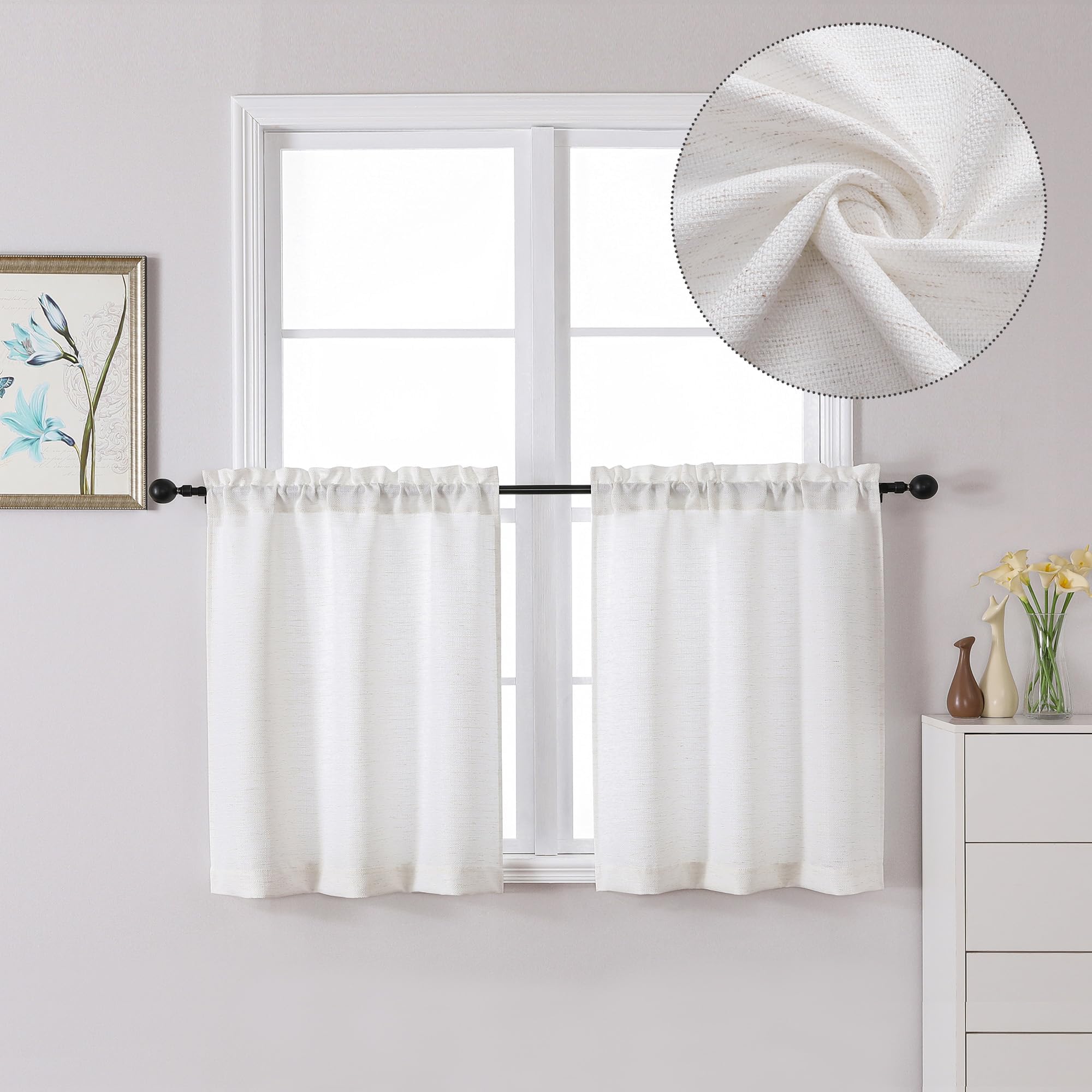 Bessie Short Curtains 24 Inch Length Set of 2, Faux Linen Cafe Kitchen Curtain Tiers, Rod Pocket Tiers Window Treatment for Living Room Bedroom Bathroom, Each 30 W x 24 L, Natural