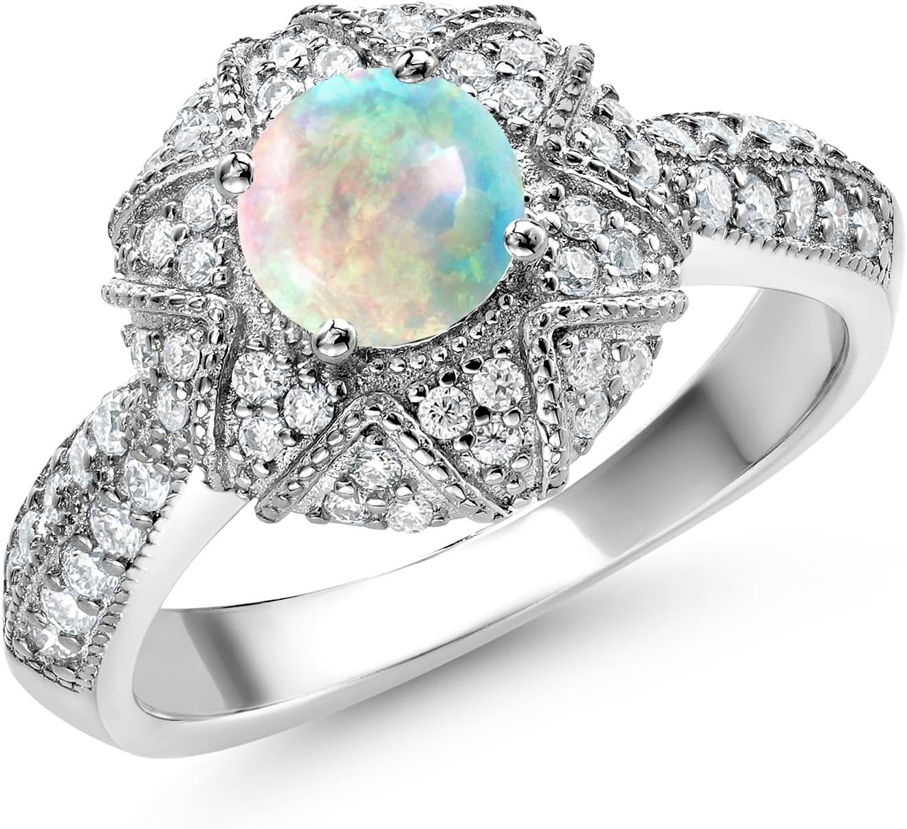 Gem Stone King 925 Sterling Silver Round 6MM Gemstone Birthstone and Moissanite Engagement Ring | Wedding Promise Anniversary Ring For Women | Available In Size 5, 6, 7, 8, 9