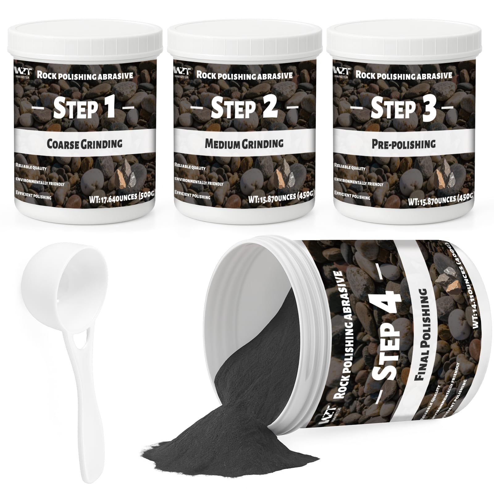 Rock Tumbler Grit and Polish Refill Kit 2kg - for all brands of Rock Polish - 4 basic steps tumbling media (coarse/medium grainre-polished/fine polished)