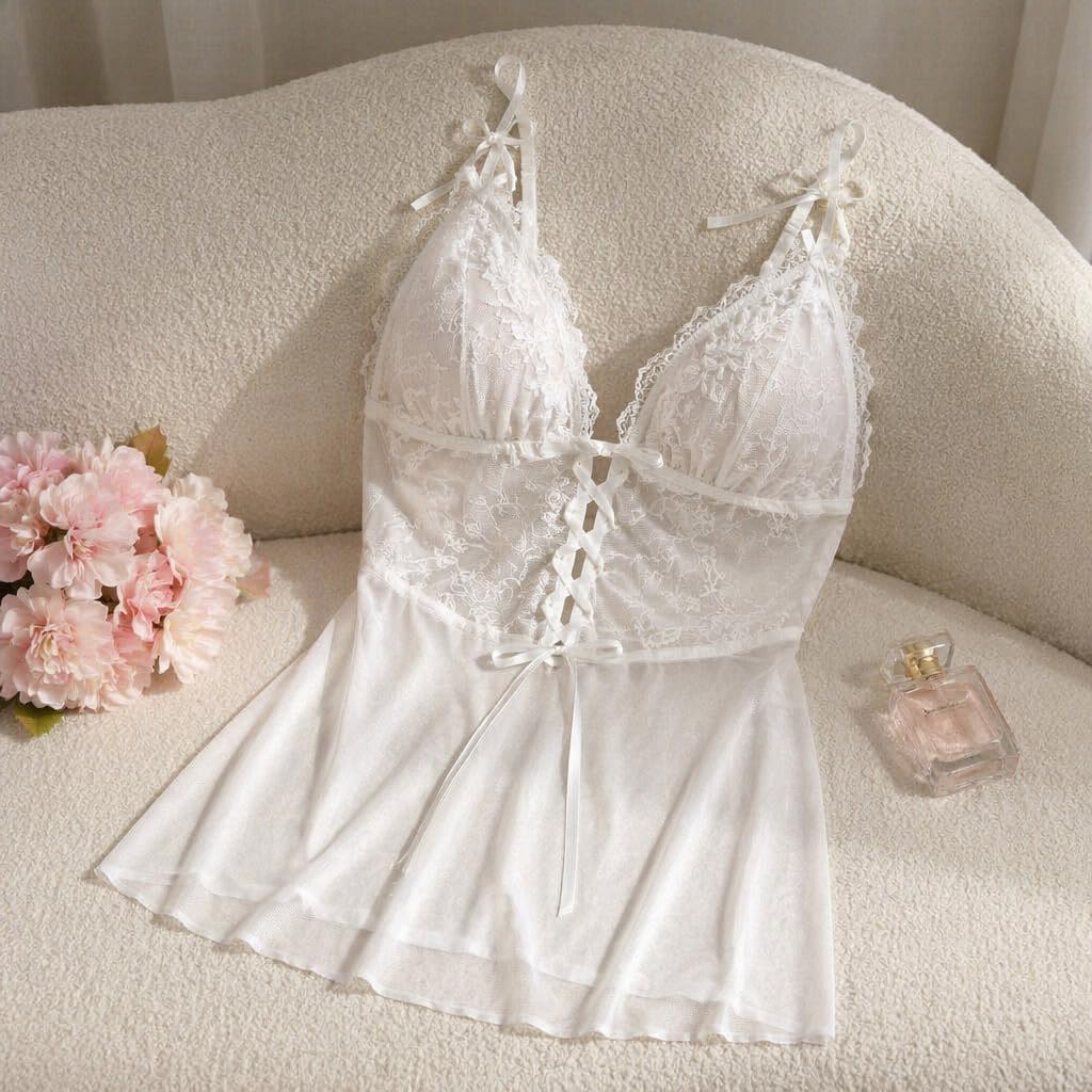 Sexy Lingerie for Women White Lace Babydoll Lingerie Chemise 2PCS