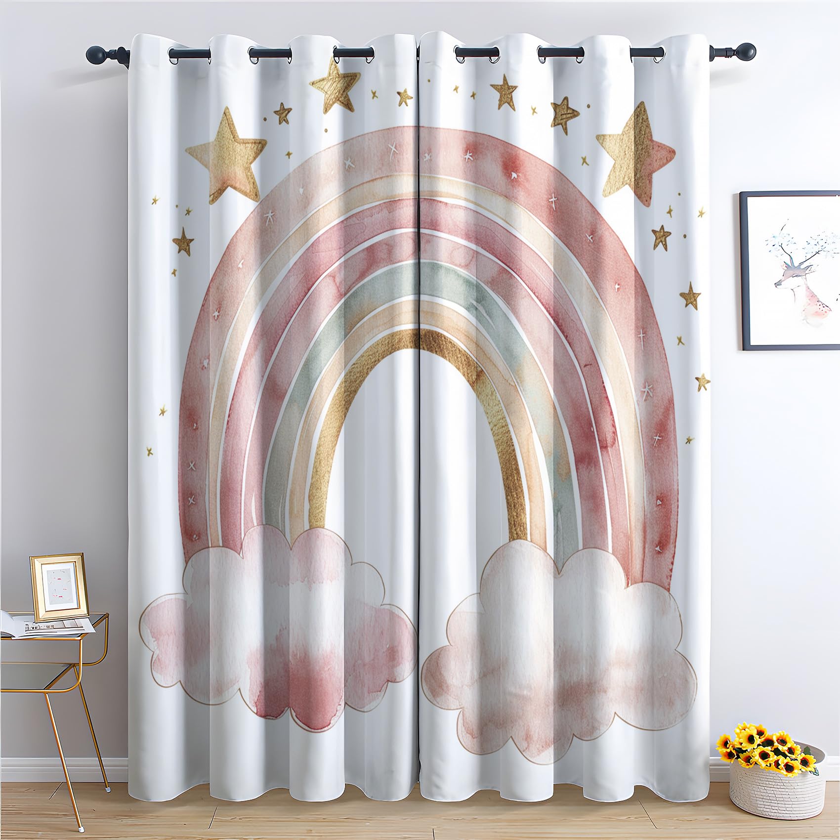 Vorhänge Regenbogen - Kinderzimmer Wolke Stern Fenster Gardinen mit Ösen, Vorhang Blickdicht Verdunklungsvorhänge Thermovorhang für Wohnzimmer Schlafzimmer Deko 2er Set, H 220 x B 140 cm G&-162