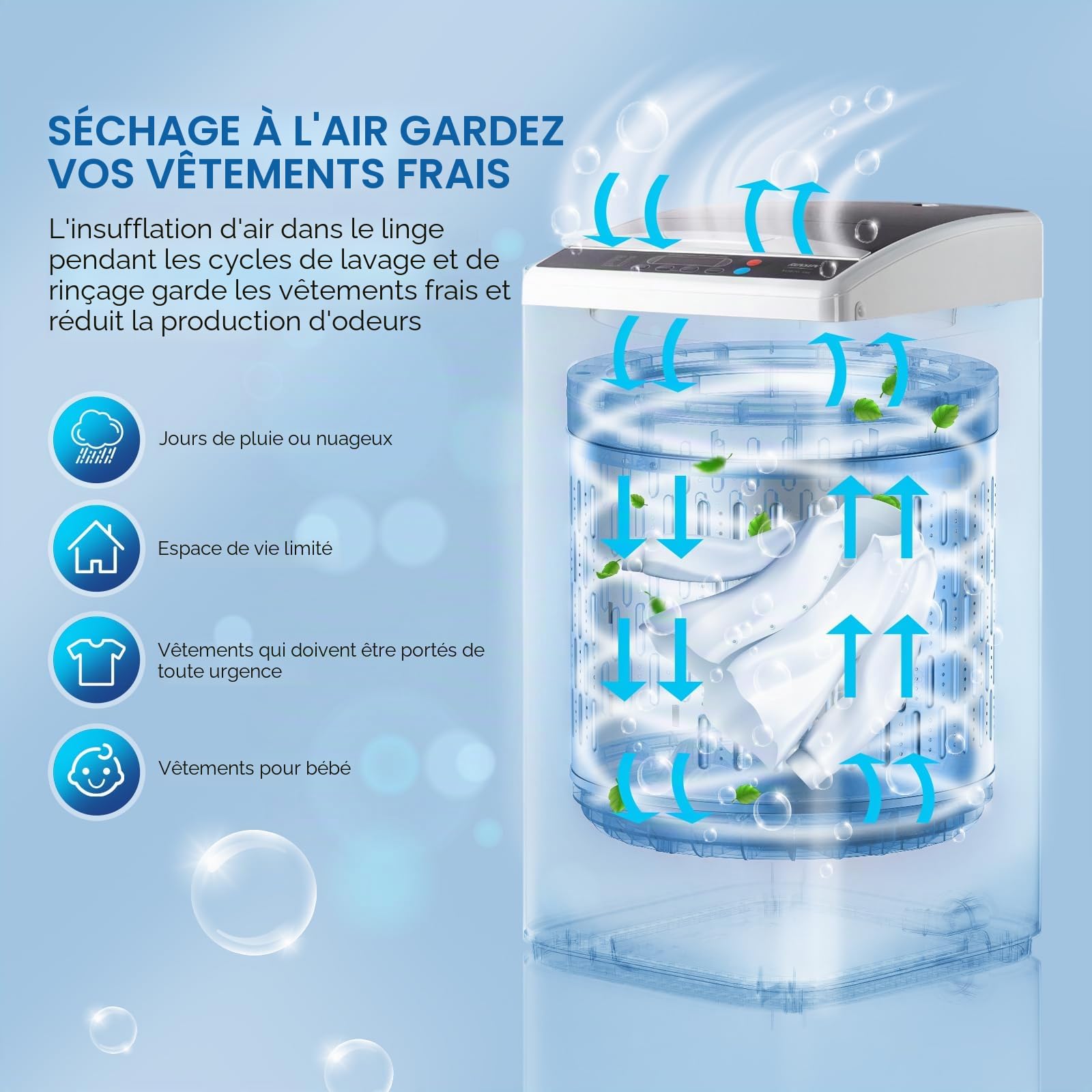 ROVSUN Machine à laver à chargement par le dessus 7 kg, petite machine à laver avec 8 programmes de lavage et 5 niveaux d'eau, minuterie 24 H, 60-70 dB, petite machine à laver 51 × 47 × 87 cm (7 kg)