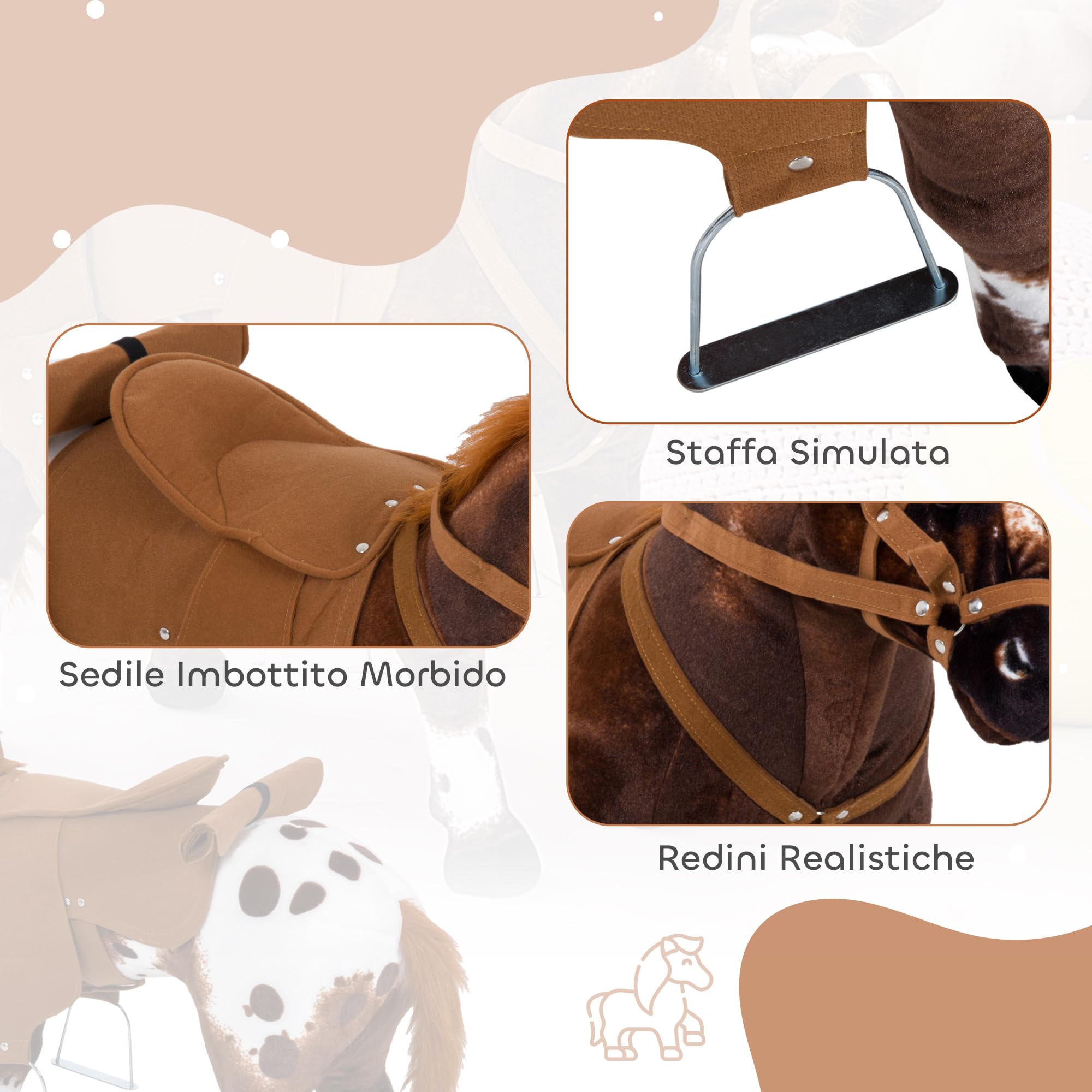 HOMCOM Cavallo a Dondolo per Bambini 2+ Anni con Nitrito Realistico, Sella e Staffe, Cavallo Giocattolo in Peluche e Metallo, 85x28x60 cm, Marrone