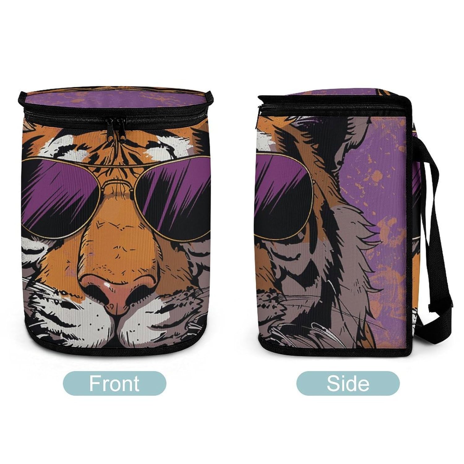 MUSM Leakproof Car Trash Can 2.5 Gallon, Durable Automotive Garbage Bag with Waterproof Liner, Tiger Wearing Sunglasses Trash Bag for Car, Truck, RV & Bathroom