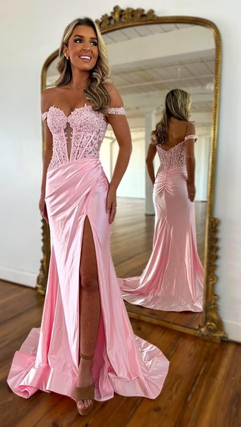 cantcauli Off Shoulder Satin Prom Dress for Women 2025 Mermaid Lace Appliques Long Evening Gown for Teens CT046