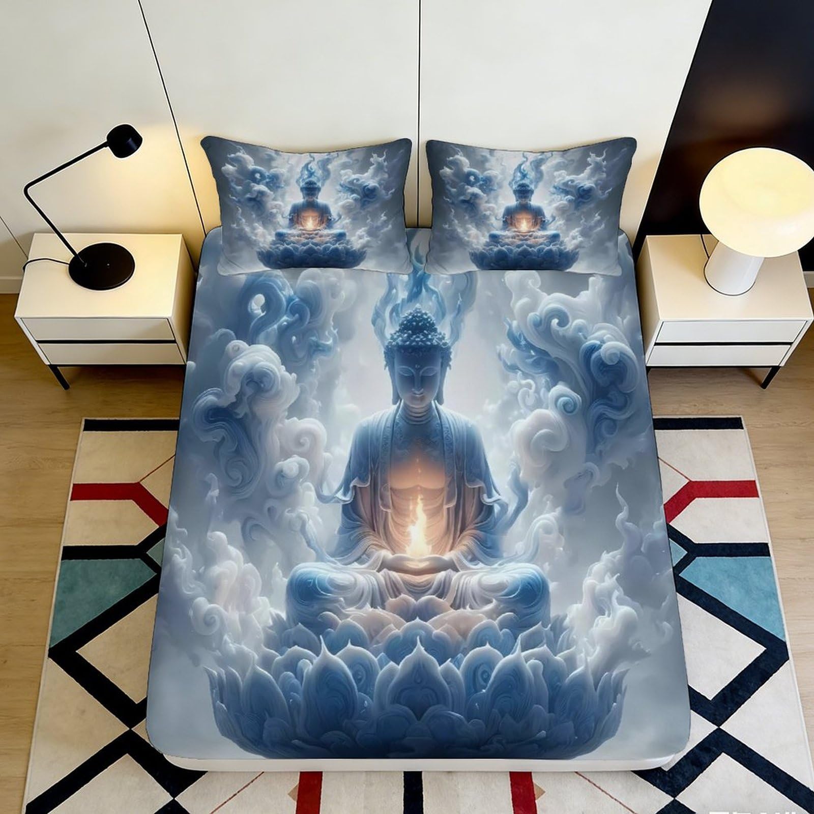 3D Printed Mystic Buddha Fitted Sheet Microfiber Soft Breathable Cloud Pattern Bed Cover for Bedroom Dormitory Guest Room Mattress Protection 180x200x25cm
