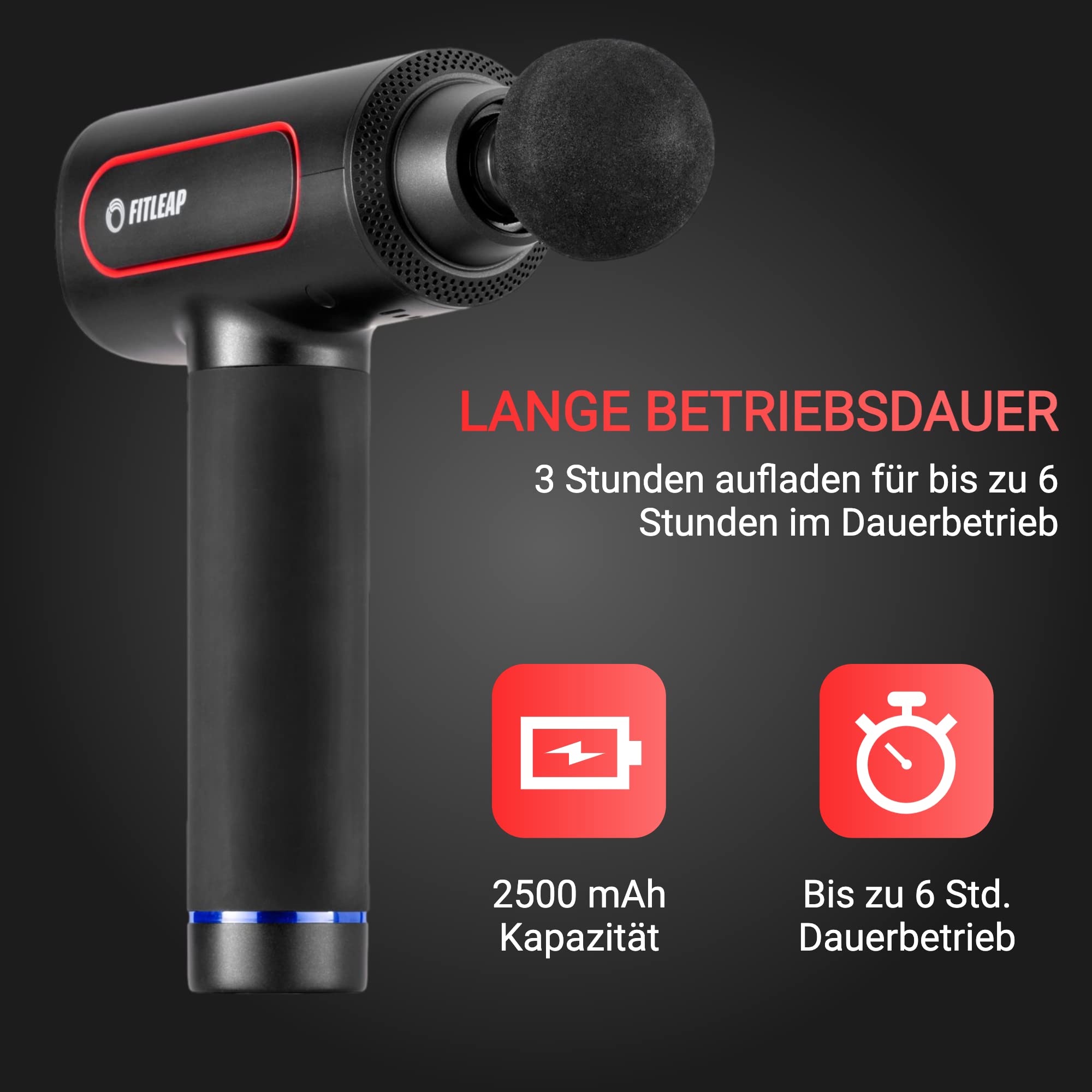Fitleap Massage Gun Pro mit 2500 mAh Akku für 6 Stunden, 3200 U/min, 720 g | Massagepistole mit Smart-Funktion und USB-C, im Büro oder Fitnessstudio nutzbar, praktische Tasche für Gerät und Zubehör