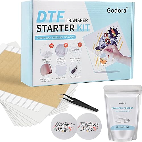 Godora Kit de película en polvo de transferencia DTF actualizado, kit de inicio DTF todo en 1, adhesivo digital blanco termofusible de 10.58 onzas y