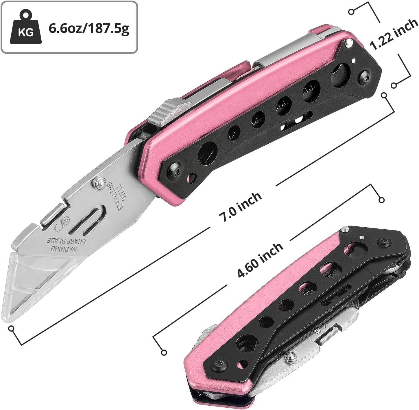 Pink Box Cutter Knife, Folding Utility Knife, 6 in 1 Razor Pocket Utility Knives Multitool with Clip, 5 Razor Blades, Screwdriver, Saw, Safe Lock, Work Knives, EDC Gadgets Gifts for Men Women