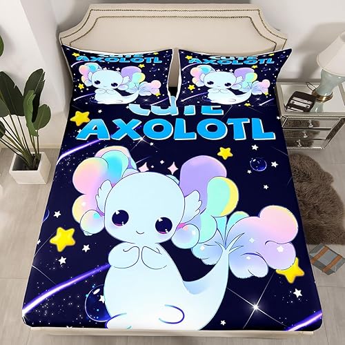 Miniatura 2 de Juego de sábanas de ajolote de galaxia tamaño King, lindas sábanas de ajolote con sábana bajera de bolsillo profundo para niños, juego de sábanas de