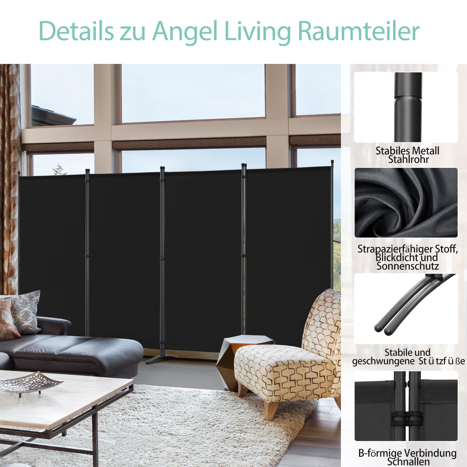 Angel Living Paravent 4 Teilig,Trennwand Raumteiler Paravent raumteiler innen Sichtschutz Wandschirm für Büros Balkon Schlafzimmer Außengarten 324x170cm Schwarz