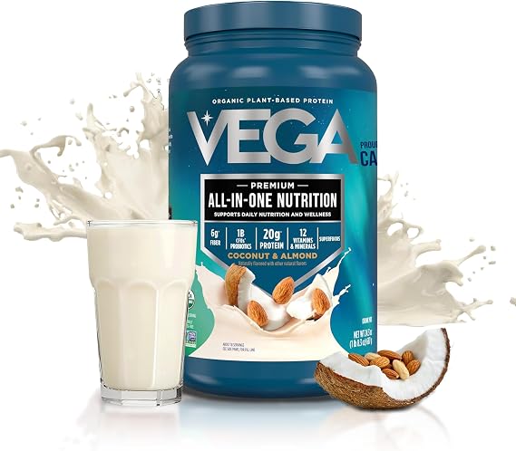 Vega All-in-One Nutrition Organic Vegan Protein Powder Coconut Almond, 20g Protein Meal Replacement Shake 1.52lbs (18 Servings)